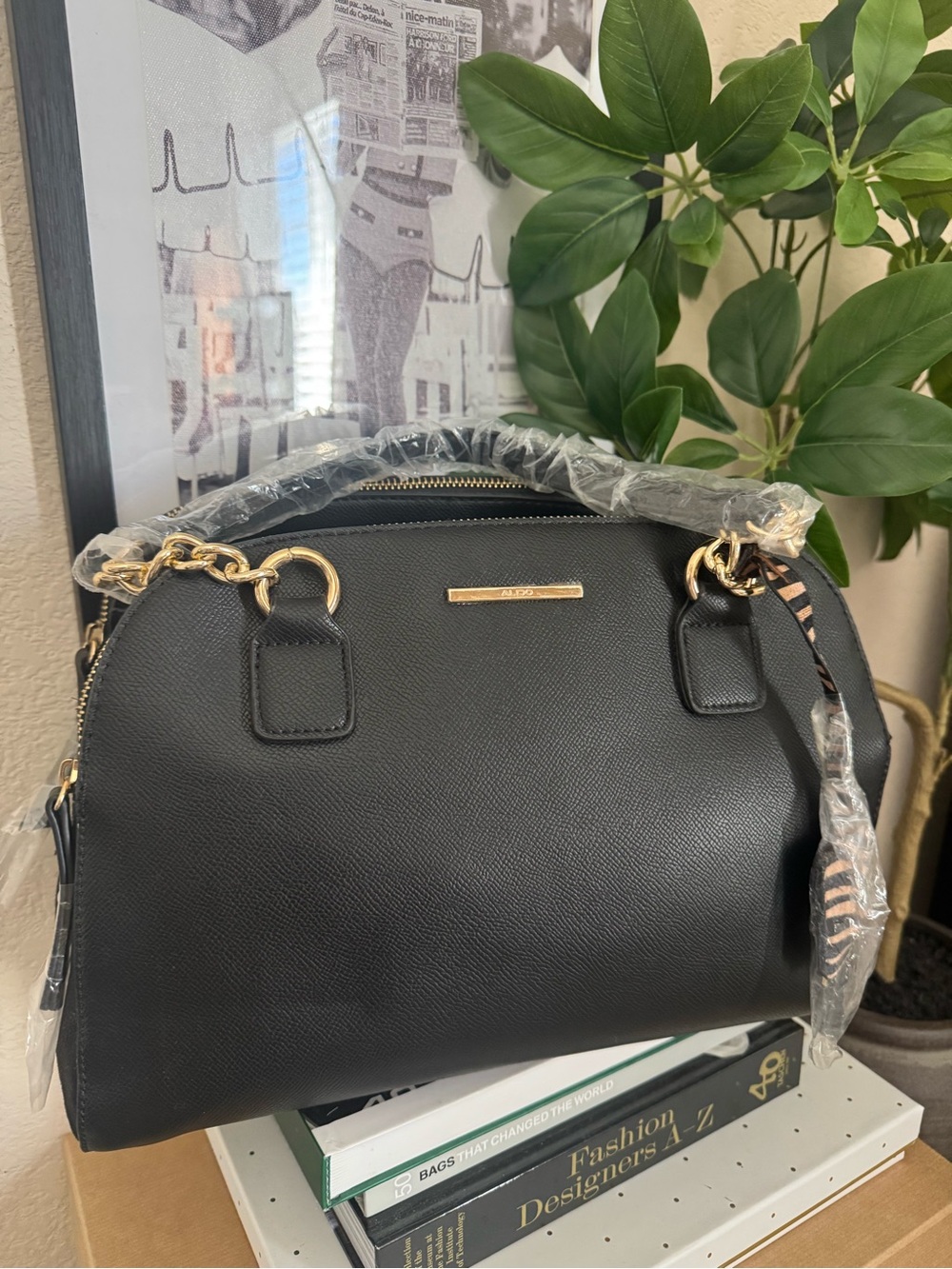 ALDO Black Large Satchel Bag Gold Chain Zebra Suede Structured Handbag